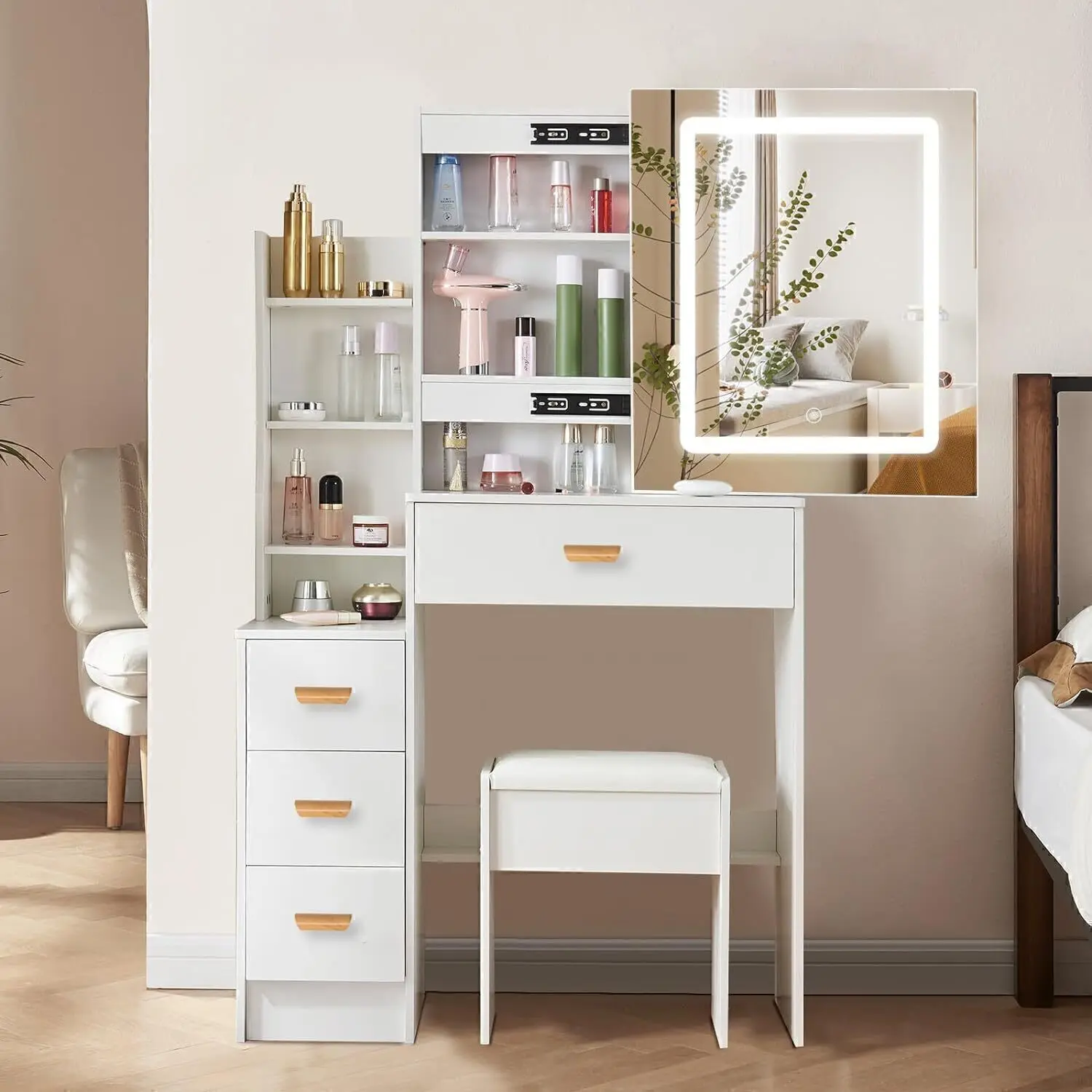 Schminktisch mit LED-Beleuchtung Spiegel,einstellbare Helligkeit, Schminktisch mit Hocker，Frisiertisch mit 4 Schubladen und 3 Ablagen, Modern Kosmetiktisch aus Holz, Weiß
