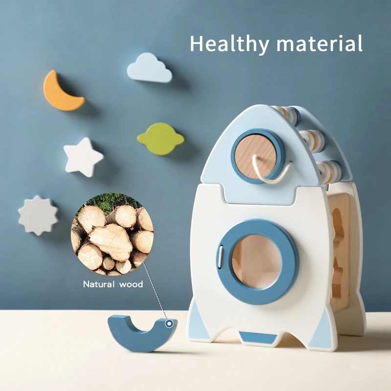 Cohete de madera 5 en 1, juego de juguetes, juguete cognitivo de forma multifuncional, juguetes educativos Montessori con cuentas para bebés, regalo de cumpleaños