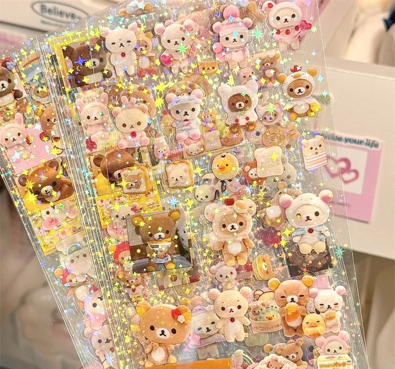 5 시트 만화 HelloKitty Rilakkuma 스티커 만화 애니메이션 다이 커팅 깜박이 레이저 스티커 데칼 DIY 핸드북 장식