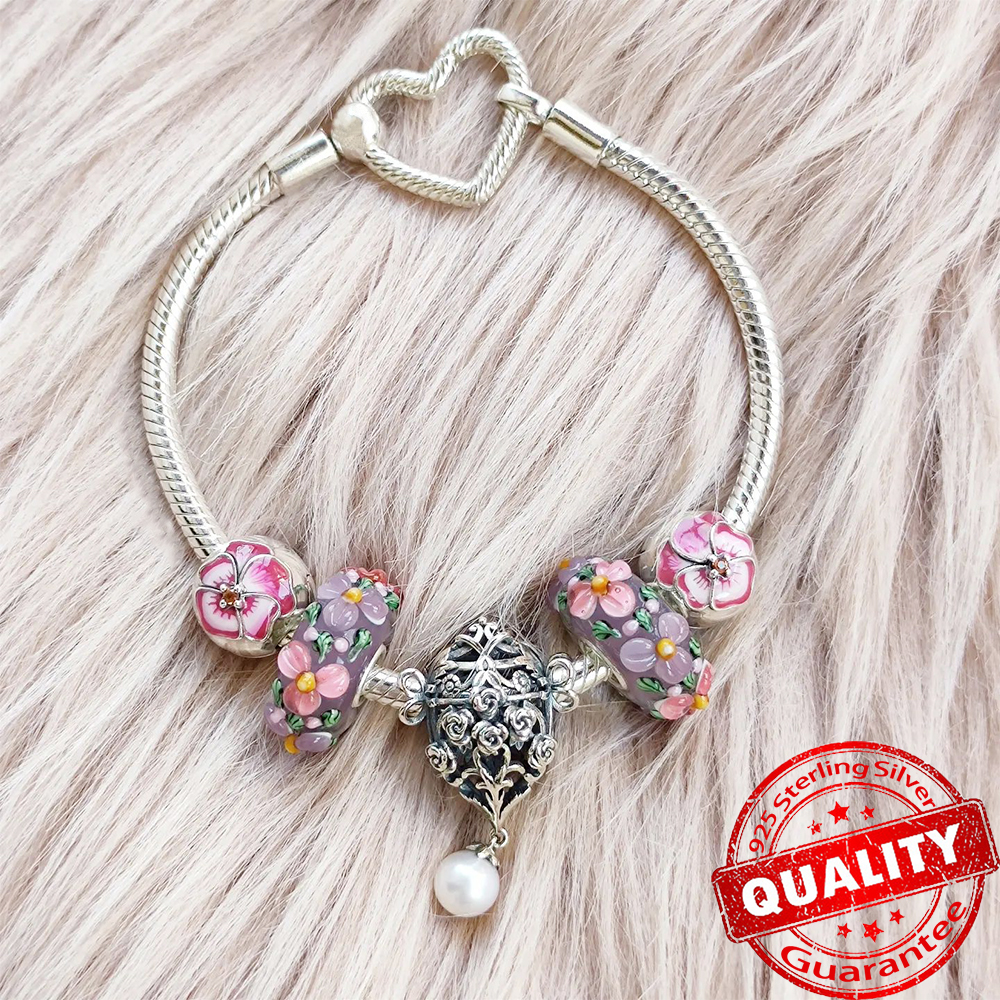 Moda prata esterlina rosa amor-perfeito flor charme caber pulseira original 925 prata azul borboleta charme jóias finas presente