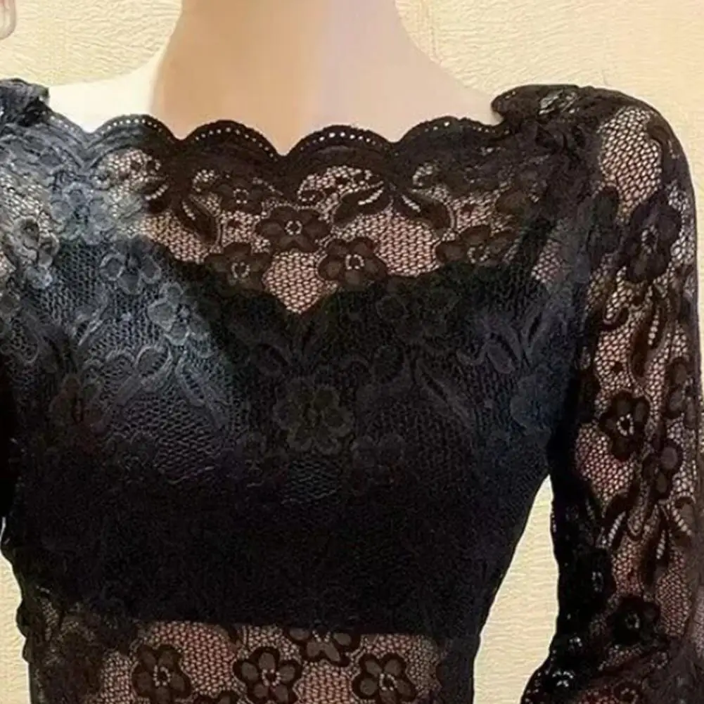 夏の花レースブラウス黒、白長袖トップセクシーな女性の Tシャツ透明クロップドトップス Tシャツトップススリムレディース Tシャツ