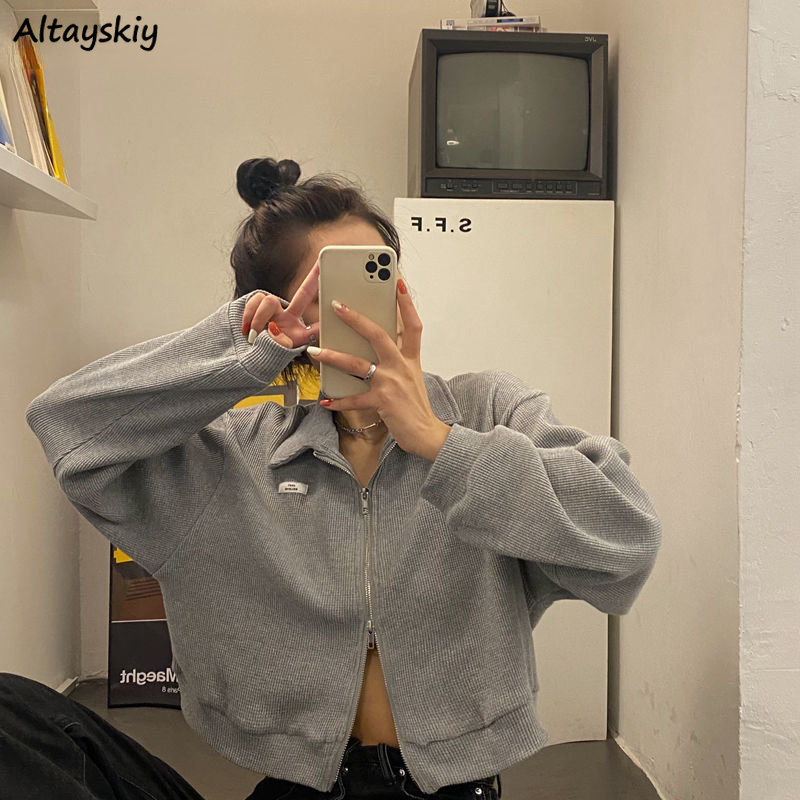 Sweatshirts Frau Alle-spiel Solide Zipper Trendy Koreanischen Stil Harajuku Ins Retro Herbst Casual Büro Damen Täglichen Neue Ankunft