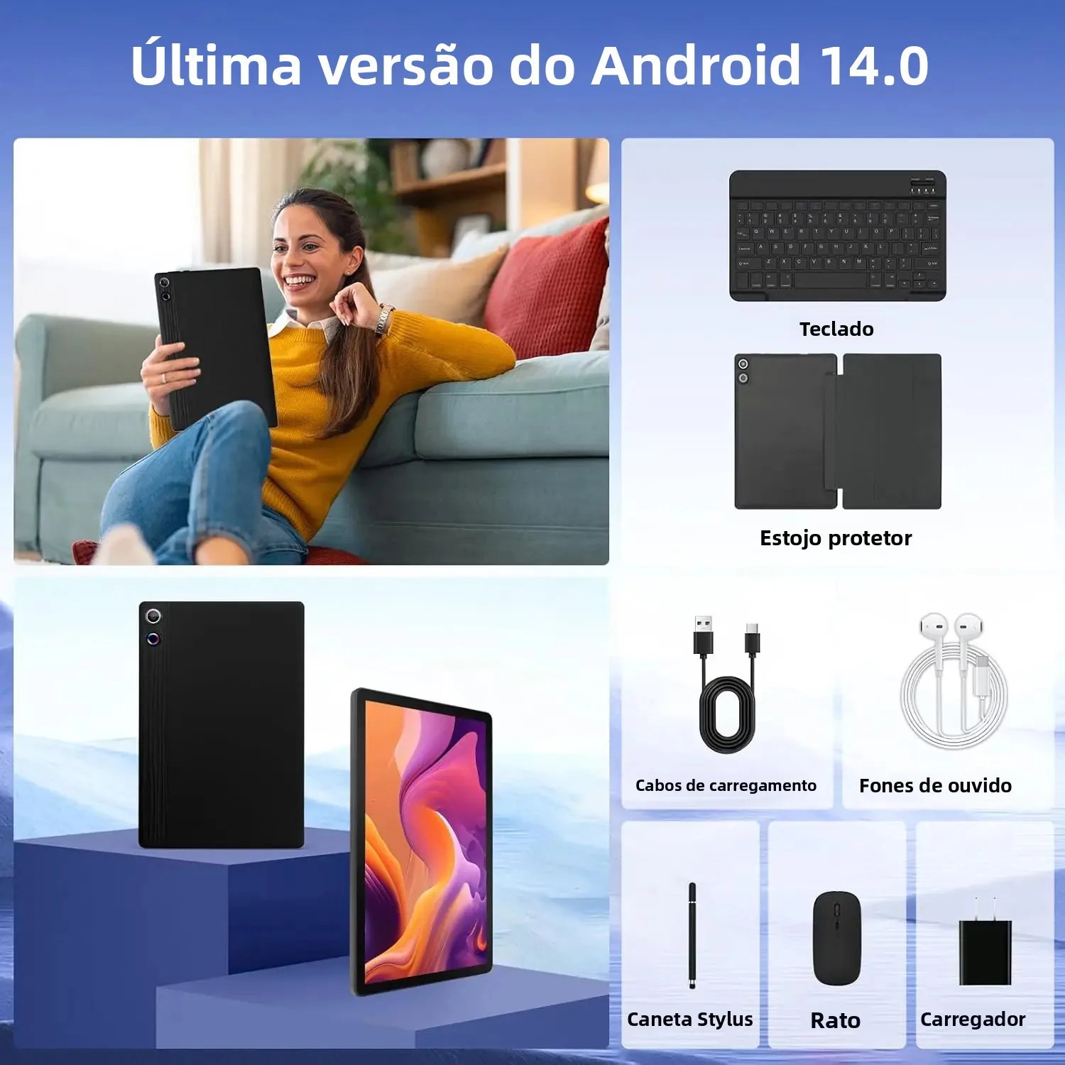 Urao 11 Polegada tablet android 14gb ram 64gb rom 6800mah ips hd tela de toque com teclado capa protetora mouse stylus 8 em 1 kit