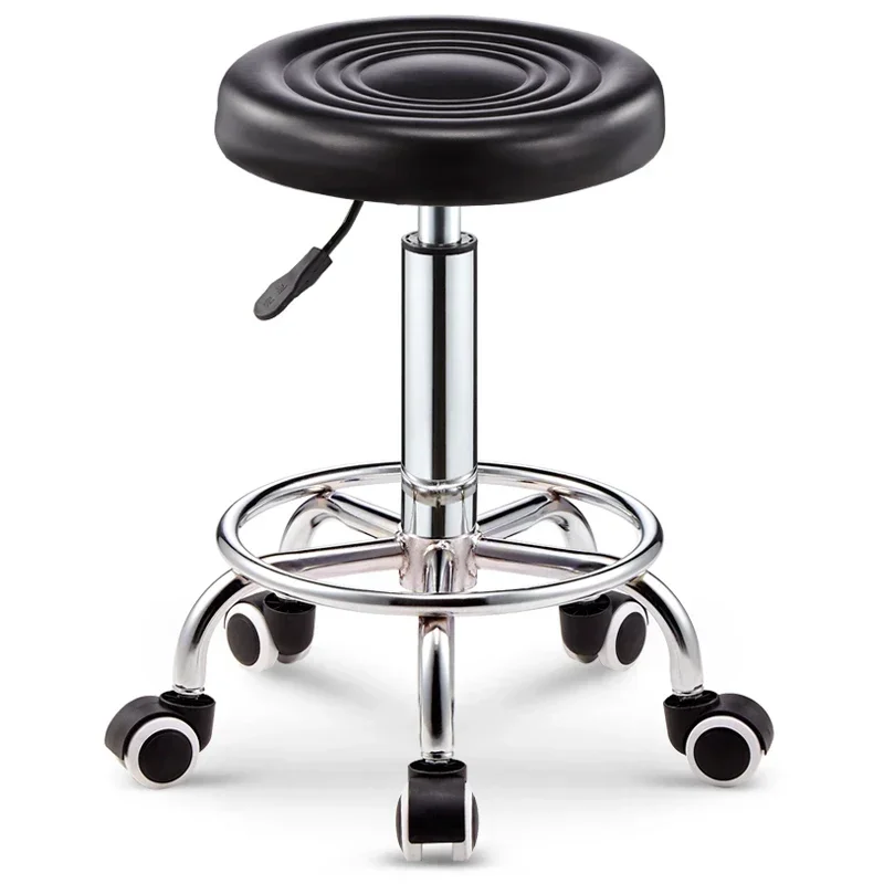 Black PU Leather Rolling Stool Round Swivel Stool with Wheels Height-Adjustable Seat for Salon Tattoo or Office Use