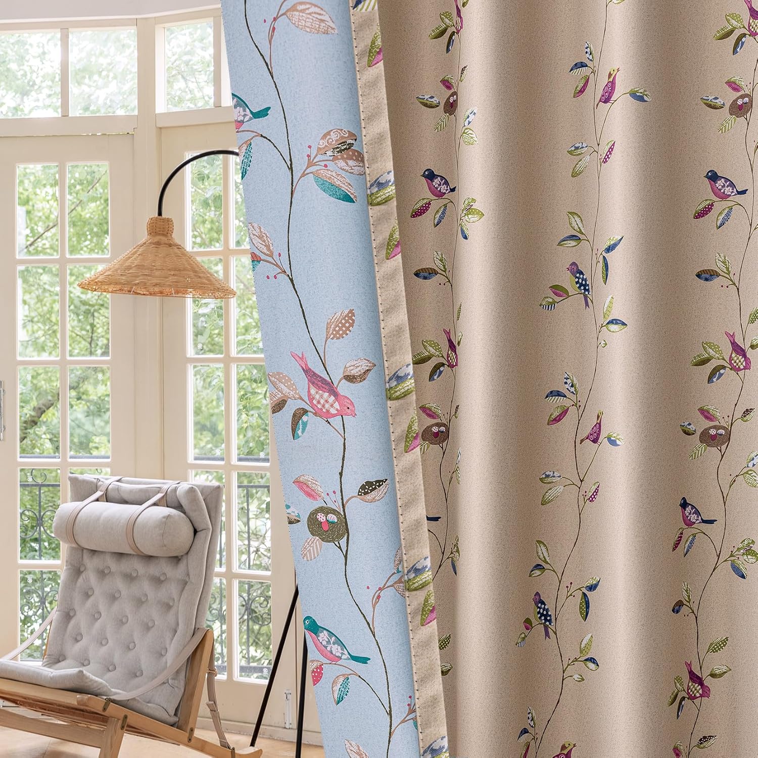 Cortinas opacas con patrón de pájaros de doble cara para sala de estar, estampado floral, vid, granja, oscurecimiento de habitac