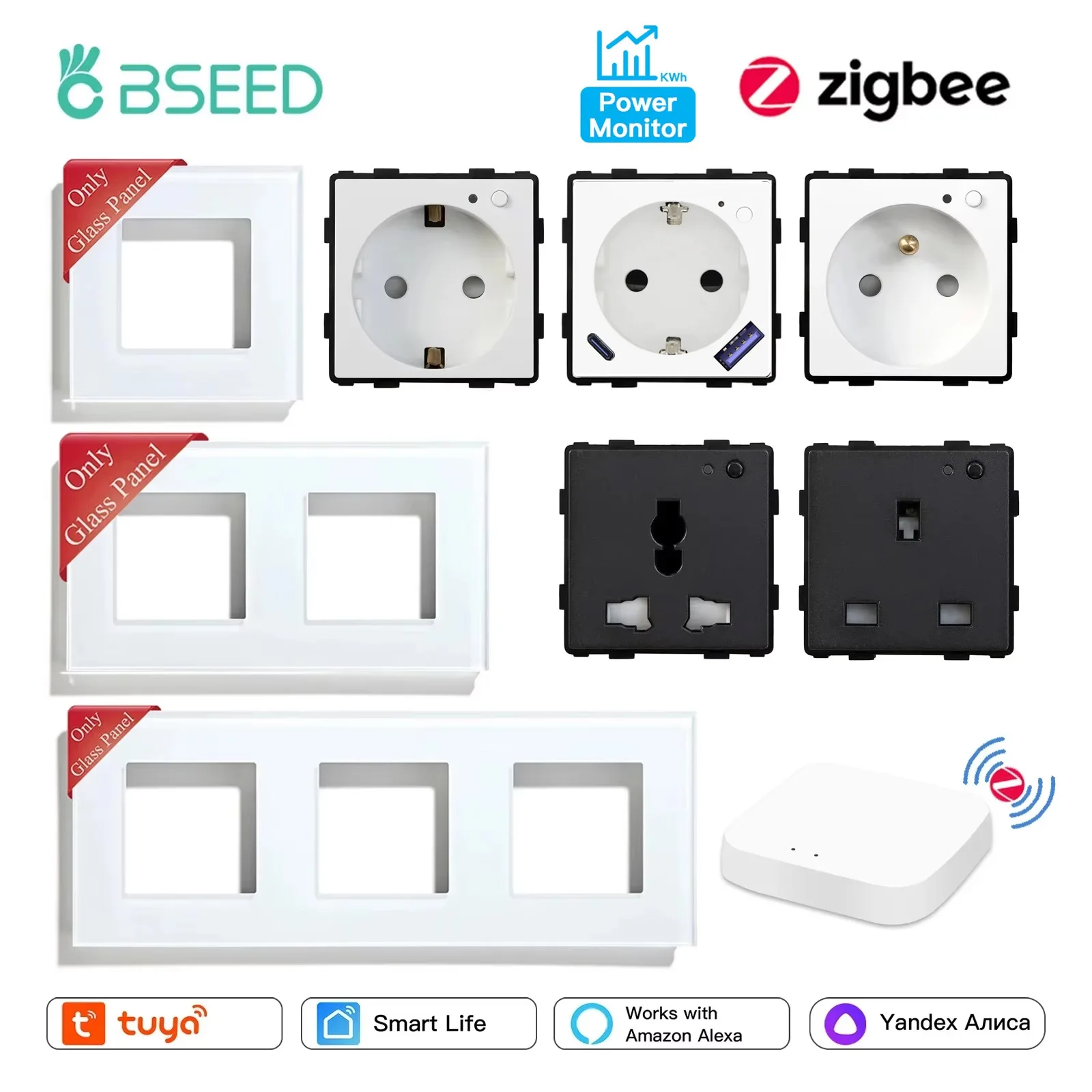 BSEED Zigbee EU/FR/UK/универсальная умная настенная розетка, функциональные детали с монитором мощности, стеклянные рамки, детали для самостоятельного изготовления, бесплатный комбинат