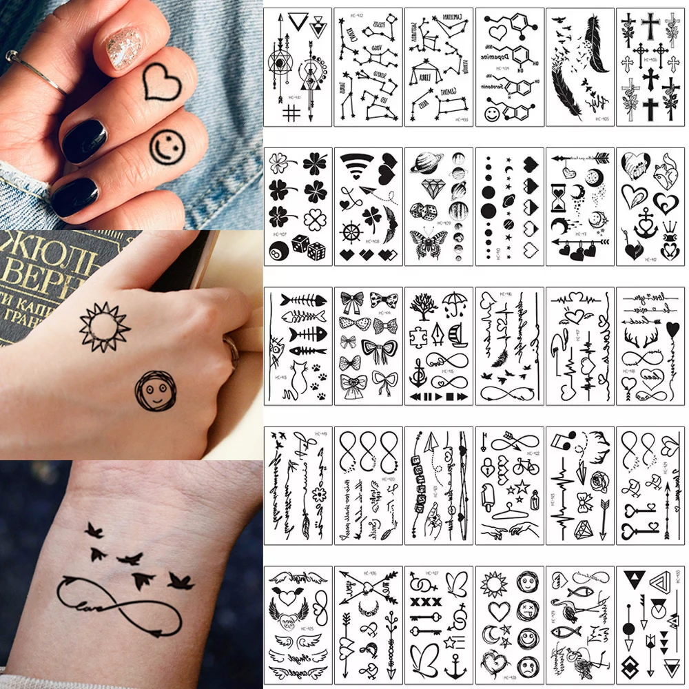 30 stücke Wasserdicht Temporäre Tattoo Aufkleber Schwarz Kleine Muster Feder Herz Vogel Ausdruck Körper Kunst Arm Gefälschte Tattoos Frauen Männer