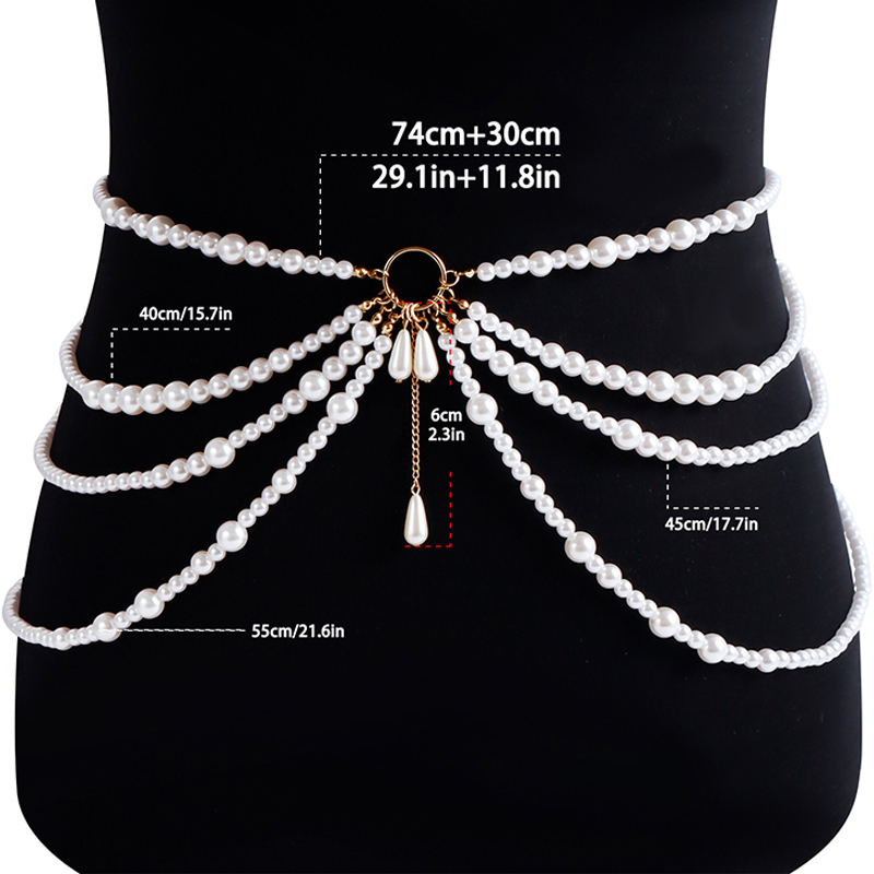 Cadenas de cintura de perlas multicapa para mujer, anillo de Metal con perlas de imitación, cinturón con borlas, joyería elegante para el cuerpo, accesorios de ropa