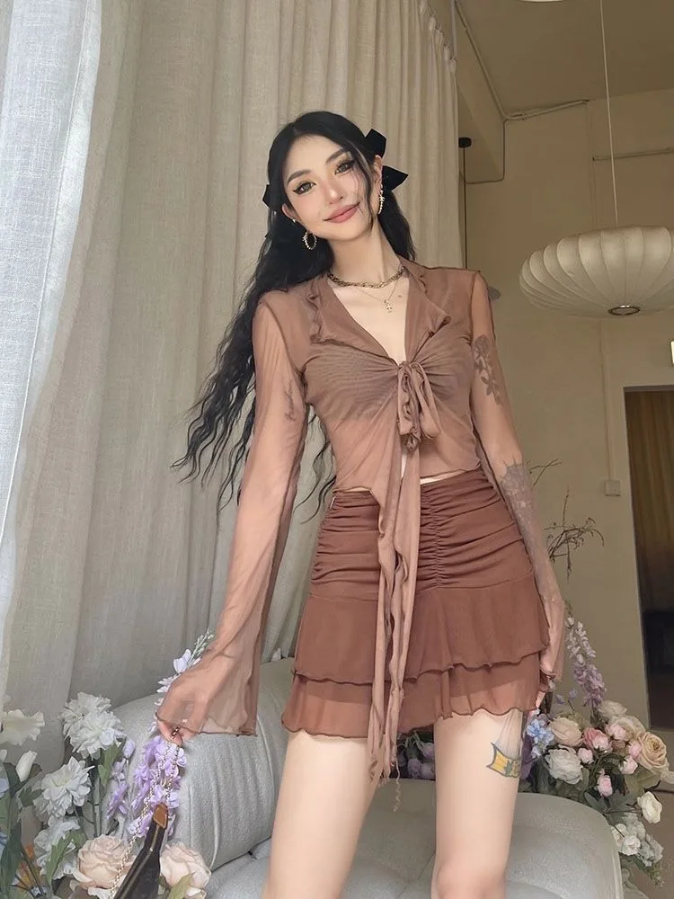 Bluzki z długim rękawem dla kobiet Sznurowana siateczka Seksowne słodkie gorące dziewczyny Koreański styl mody Uniwersalny solidny design Elegancki Casual