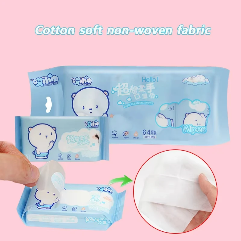 64 Uds. Super Mini toallitas húmedas desechables, paquete pequeño portátil, toallitas de limpieza para manos y boca, suministros escolares para el hogar