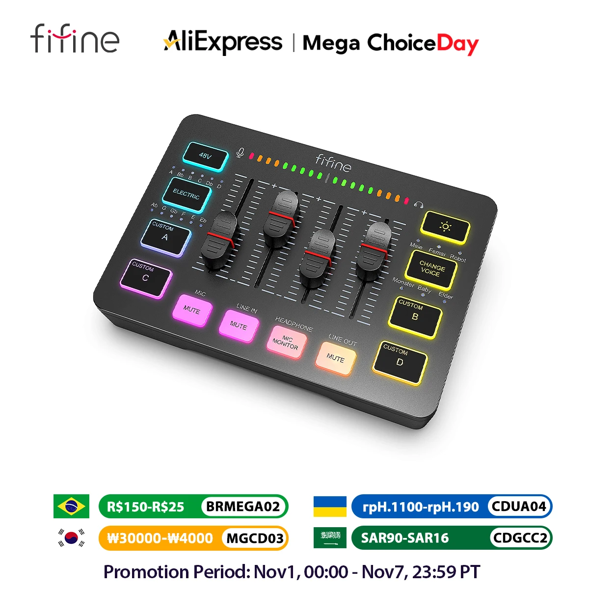 FIFINE Gaming Audio Mixer, 4-kanałowy mikser RGB do transmisji strumieniowej z interfejsem mikrofonu XLR, do gier głosowych, podcastów, AmpliGame SC3