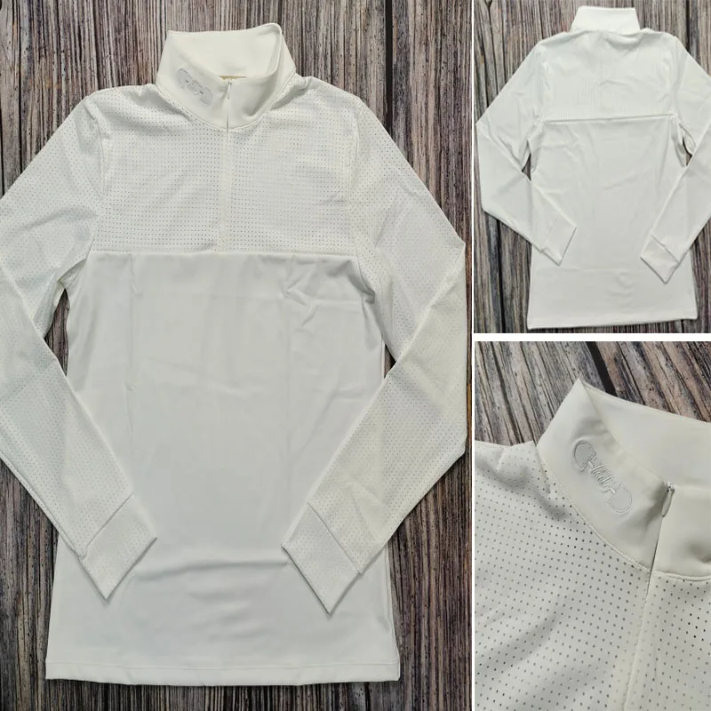 女性用長袖乗馬Tシャツ、ジッパーシャツ、乗馬服、競技、ウエスタンブランド