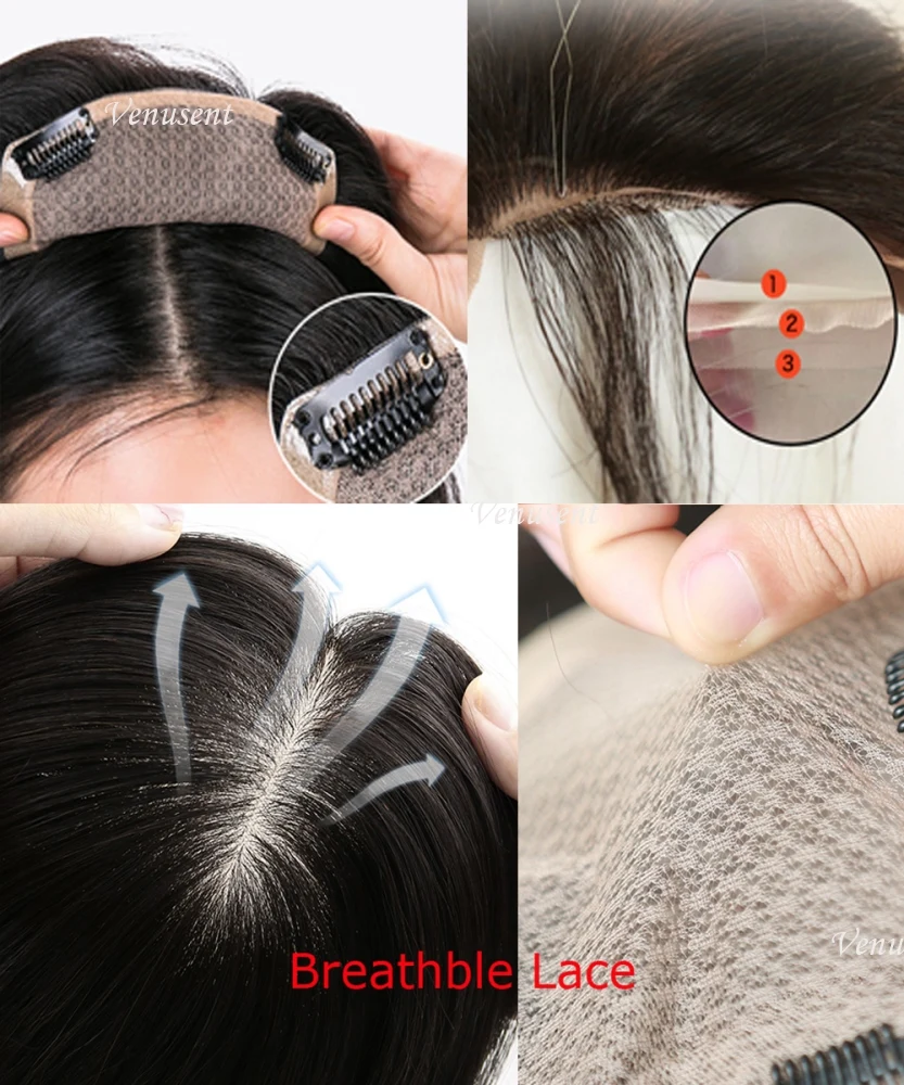 14 × 16 センチメートルストレートヘアトッパー女性のためのスキンシルクベースバージン人毛ピースカバー通気性シルクトップかつらクリップで