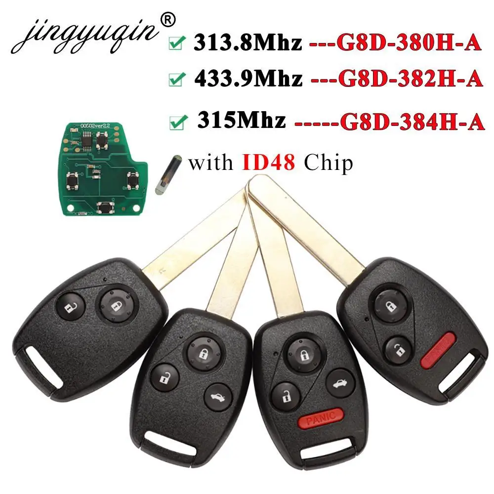 Jingyuqin G8D-380H-A /382H /384H 313,8/315/433MHz ID48 llave remota para Honda Accord CRV HRV Fit City Jazz Odyssey Shuttle Civic