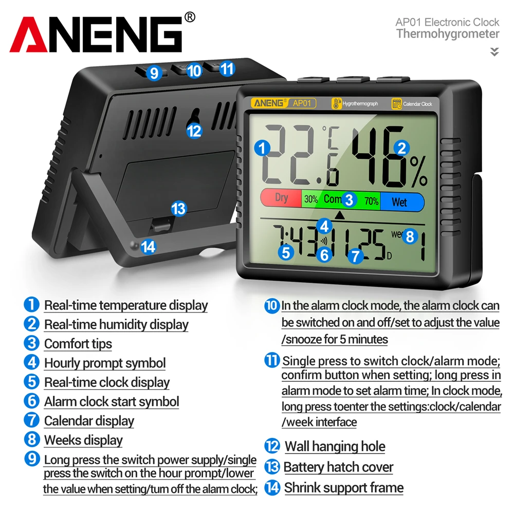 ANENG AP01 LCD Digital Thermometer Hygrometer Indoor Room Temperature Humidity Meter  Alarm Clock Weather Station For Home