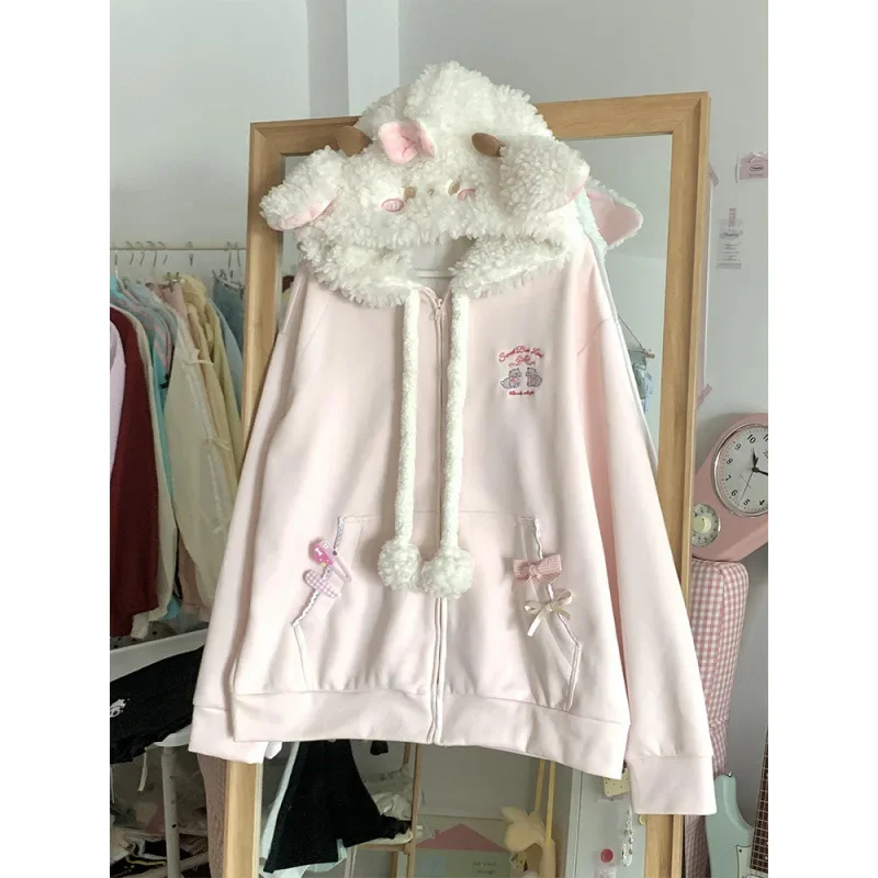 Vintage Kawaii losse jas met lange mouwen en capuchon dames Japanse schattige rits sweatshirts vrouwelijke casual Y2k jas overjas chic