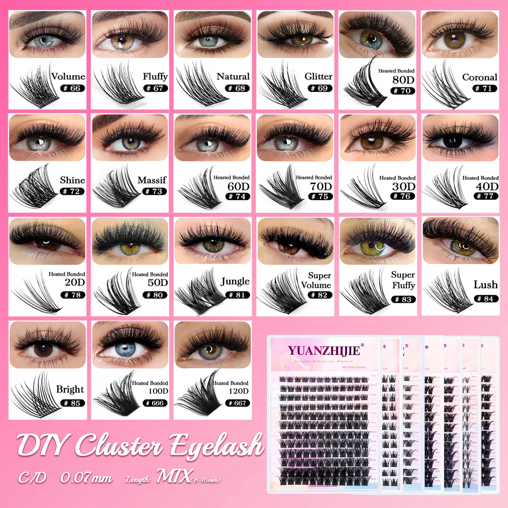 YUANZHIJIE 144pcs/case 100% Handmade DIY Lashes Extension 8-16mm Mix Length Eyelashes  Segmented Eyelashes Bundle Lash
