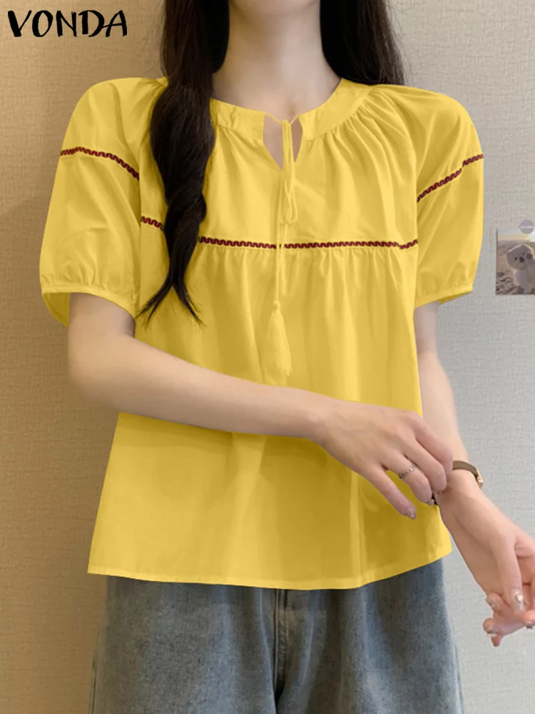 VONDA blus Fashion 2024 wanita, kemeja warna Solid musim panas lengan Puff pendek atasan kasual longgar tunik elegan ukuran besar