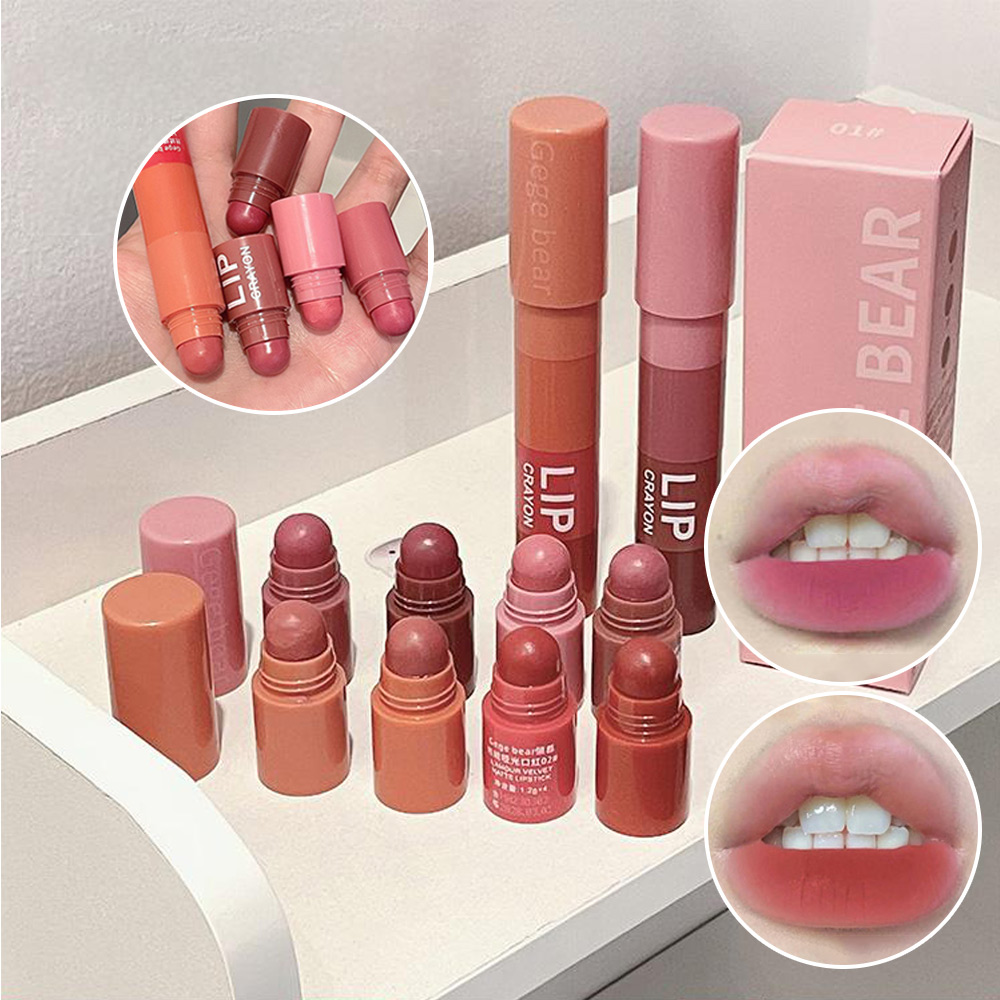 Gege Bear Velvet Matte Crayon Lipstick, impermeável, antiaderente, minúsculo batom, maquiagem super stay, rosa vermelha, desgaste longo, 4 em 1