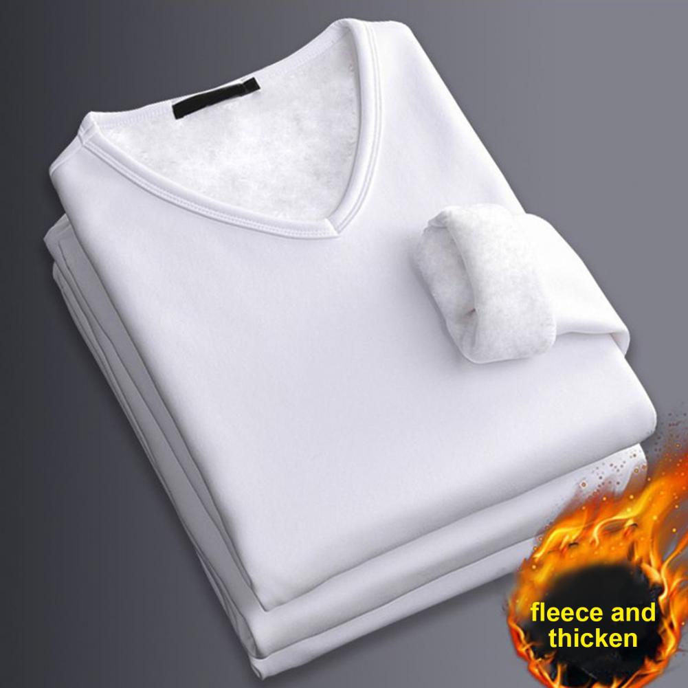 Zimowy męski top z dekoltem w szpic z aksamitną podszewką Ciepła koszulka z długim rękawem Miękki pulower Casualowy męski top podstawowy Plus Size Męski t-shirt z dołem