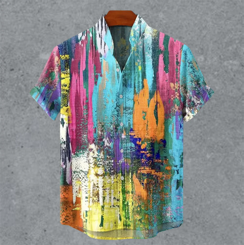Camisa de hombre vintage retro de arte con marcas manchadas, camisa de manga corta estampada con cuello alto, top casual y cómodo S-5XL