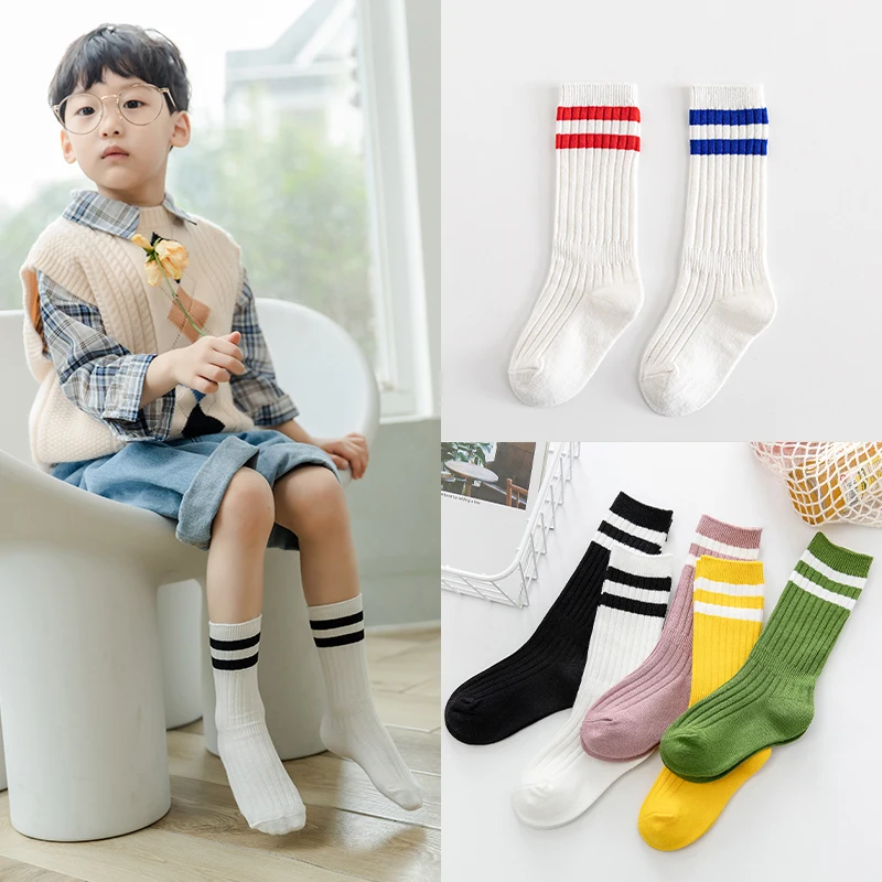 1 par de calcetines para niños pequeños y niñas hasta la rodilla, calcetines largos de algodón suave para bebés, calcetines a rayas para niños, calcetines deportivos escolares de 1 a 12 años