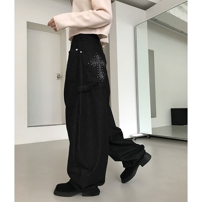 High Waist Wide Leg Floor-Length Denim Jeans Women's American Retro Versatile Faion ket Workwear Sle Beaded Casual Pants