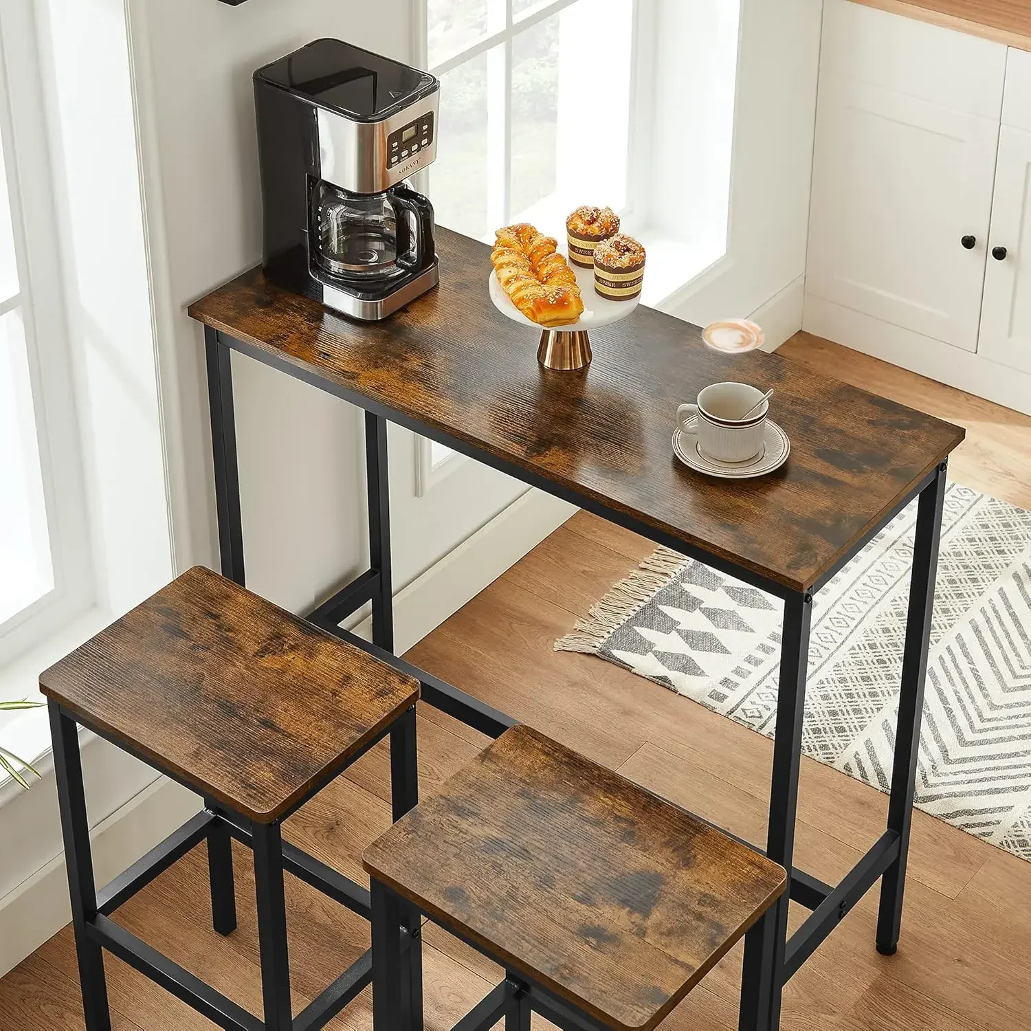 Juego de mesa de bar y taburetes, mesa de desayuno con 2 taburetes, estructura de acero, industrial, tinta marrón rústica y negra
