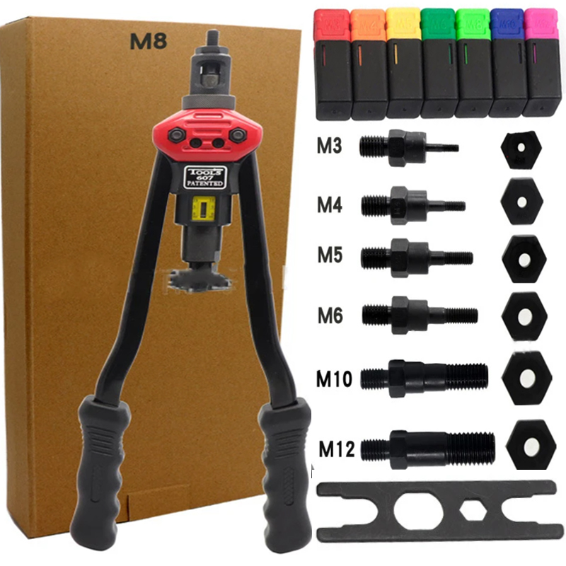 Darmowa wysyłka BT-607 ręcznych nitowników ręcznych zestaw narzędzi nakrętka nitu narzędzie do ustawiania ustawiacza nakrętki M3/M4/M5/M6/M8/M10/M12 głowica pistoletu