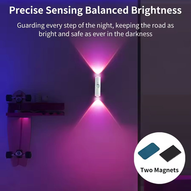 LED Night Light with Motion Sensor Double-head Magnetic Wall Lamp Rechargeable RGB/3-Color Adjustable for Cabinet Hallway Stair