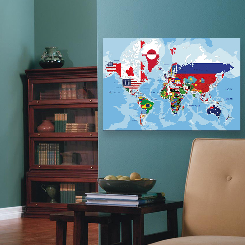 แผนที่โลก 75*50 ซม.ภาษาอังกฤษภาพวาดผ้าใบ Wall Art Picture Home Office อุปกรณ์โรงเรียนเด็ก Study Room Decor