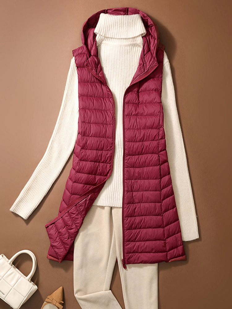 0-10 ℃   女性チョッキ 2024 秋冬超軽量ダックダウンベストポータブルフード付きキルティングノースリーブコートフグロングライナー