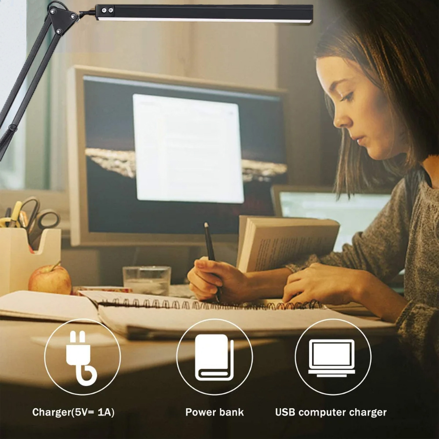 Nuova lampada da scrivania a LED con morsetto Lampada da scrivania con braccio oscillante da 10 W Lampada da scrivania dimmerabile per la cura degli occhi con 10 livelli di luminosità 3 modalità di illuminazione
