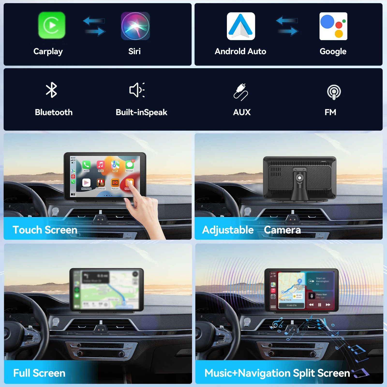 Pantalla táctil inteligente portátil CarPlay de 7 pulgadas con estéreo para coche, Android Auto inalámbrico/Enlace de espejo/conexión auxiliar/FM