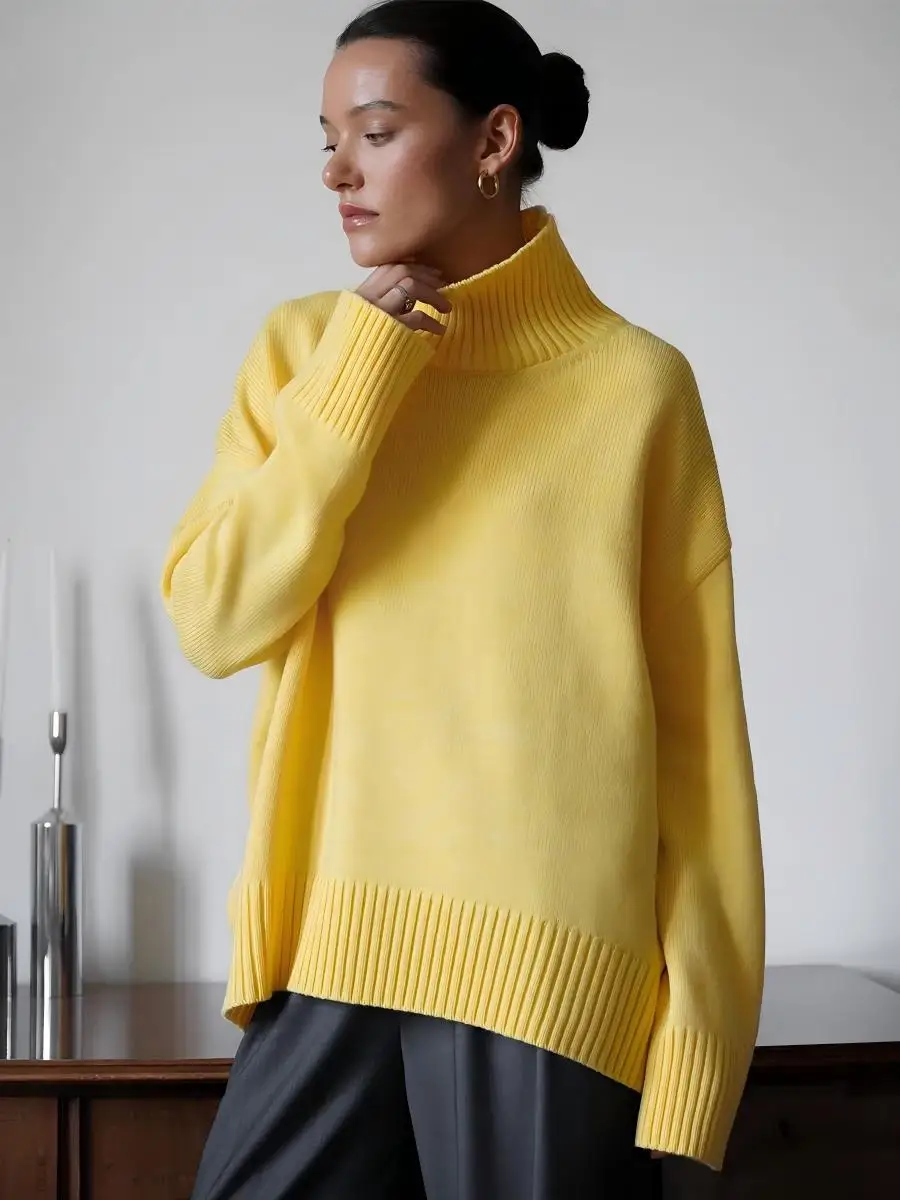 Blubelle Jesienno-Zimowy Damski Sweter Oversize z Golfem Casualowy Ciepły Gładki Podstawowy Luźny Dzianinowy Pulower