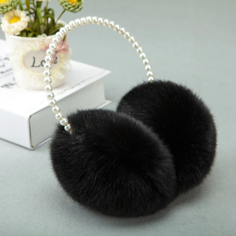 หญิงสาวฤดูหนาว Fluffy Plush Earmuffs เลียนแบบเพิร์ลลูกปัดแถบคาดศีรษะ Thicken หูอุ่นเจ้าหญิงเด็กจัดแต่งทรงผม Headwear