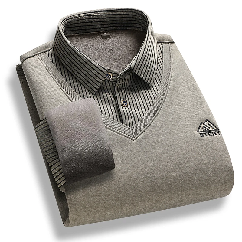 Suéter forrado de lã masculino, pulôver com gola polo, tops falsos de duas peças, moda empresarial, pulôveres casuais, roupas grossas de inverno