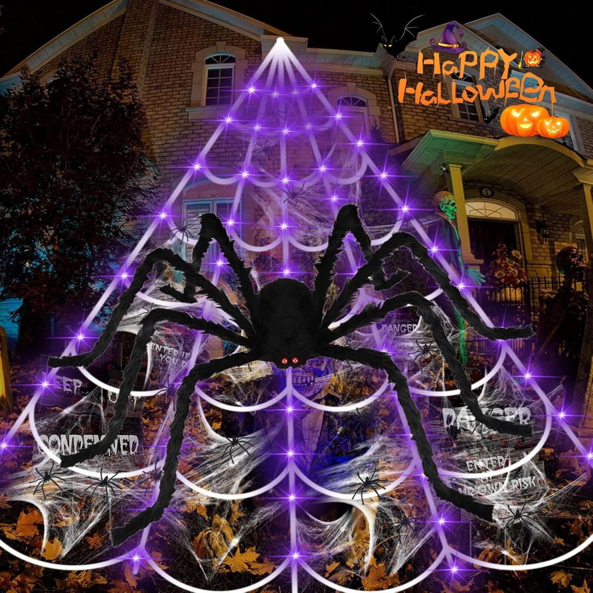 1 Stück Halloween-Spinnennetz-Lichter mit großer Spinne und 200 LEDs lila Lichterkette für Hausgarten, Urlaub, Halloween-Dekoration