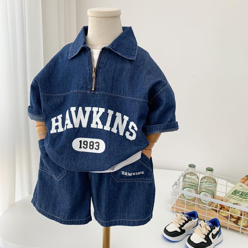 Boys Cotton Summer Suit 2025 New Baby Fashion Print Clothes Children Korean Handsome Short-sleeved Shirt + Denim Shorts 2pcs Se