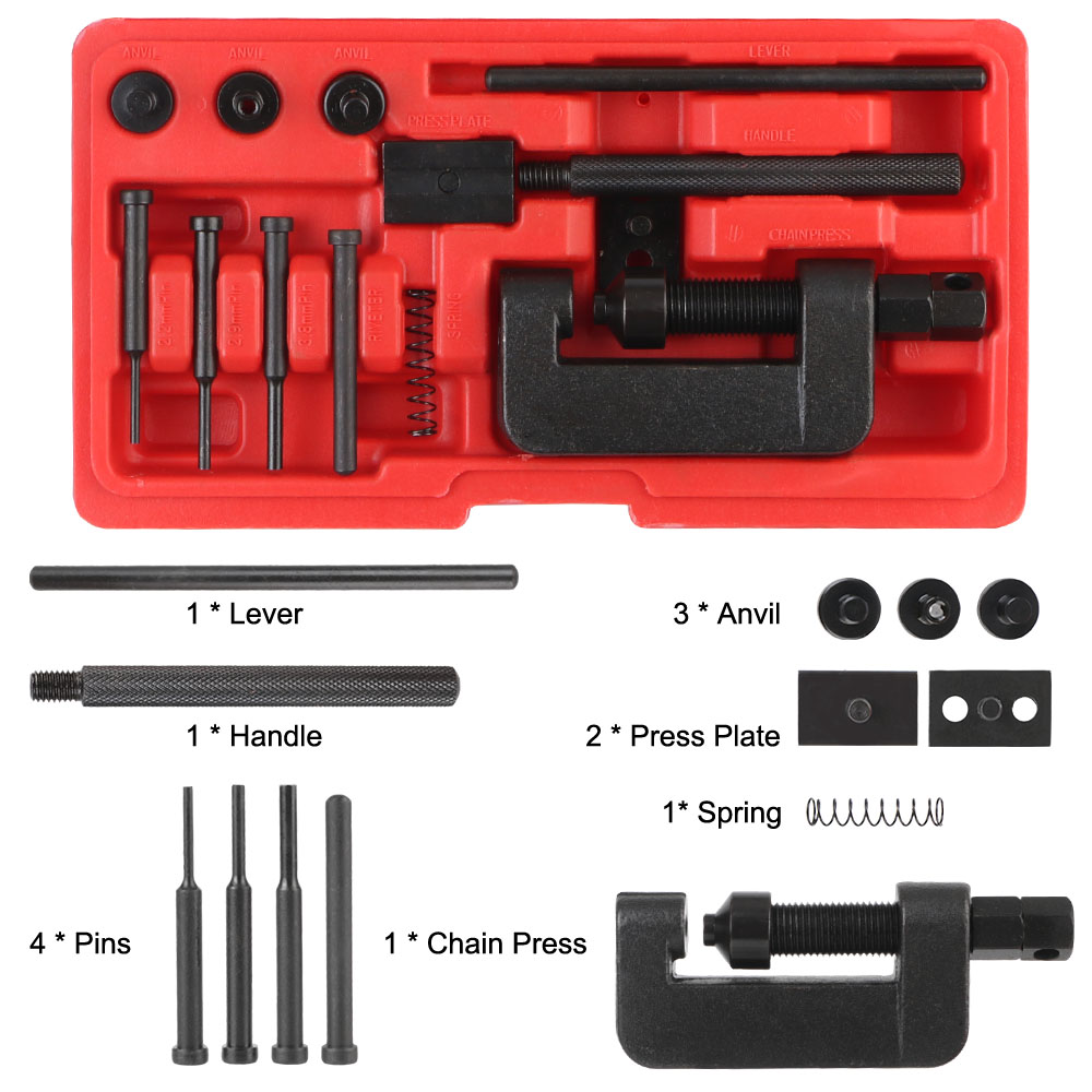 Juego de rebitador de eslabones divisores, Kit de herramientas de reparación de remachado, resistente para motocicleta y bicicleta con caja roja, interruptor de cadena de transmisión de leva, 13 Uds.