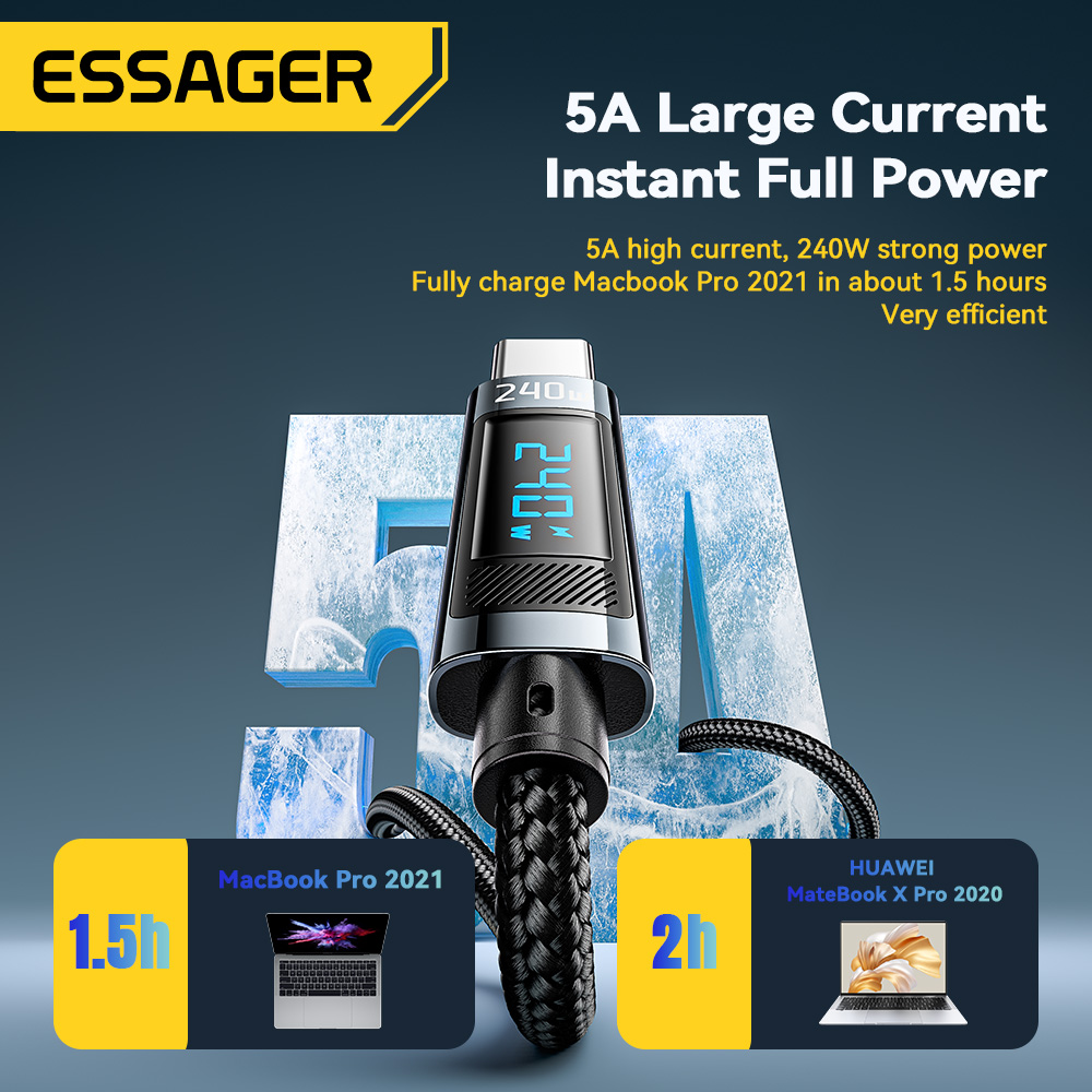 Essager-Cable USB tipo C a USB C de 240W, Cable de carga rápida PD 3,1 de 100W para Macbook Pro, Xiaomi, Samsung, portátil, Cable USBC de 2M