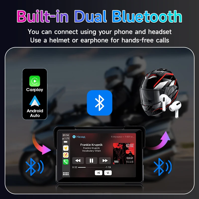 7 インチオートバイ DVR ナビゲーション CarPlay 2K カメラ IP67 防水ホストデュアル Bluetooth ワイヤレス Android 自動モト画面