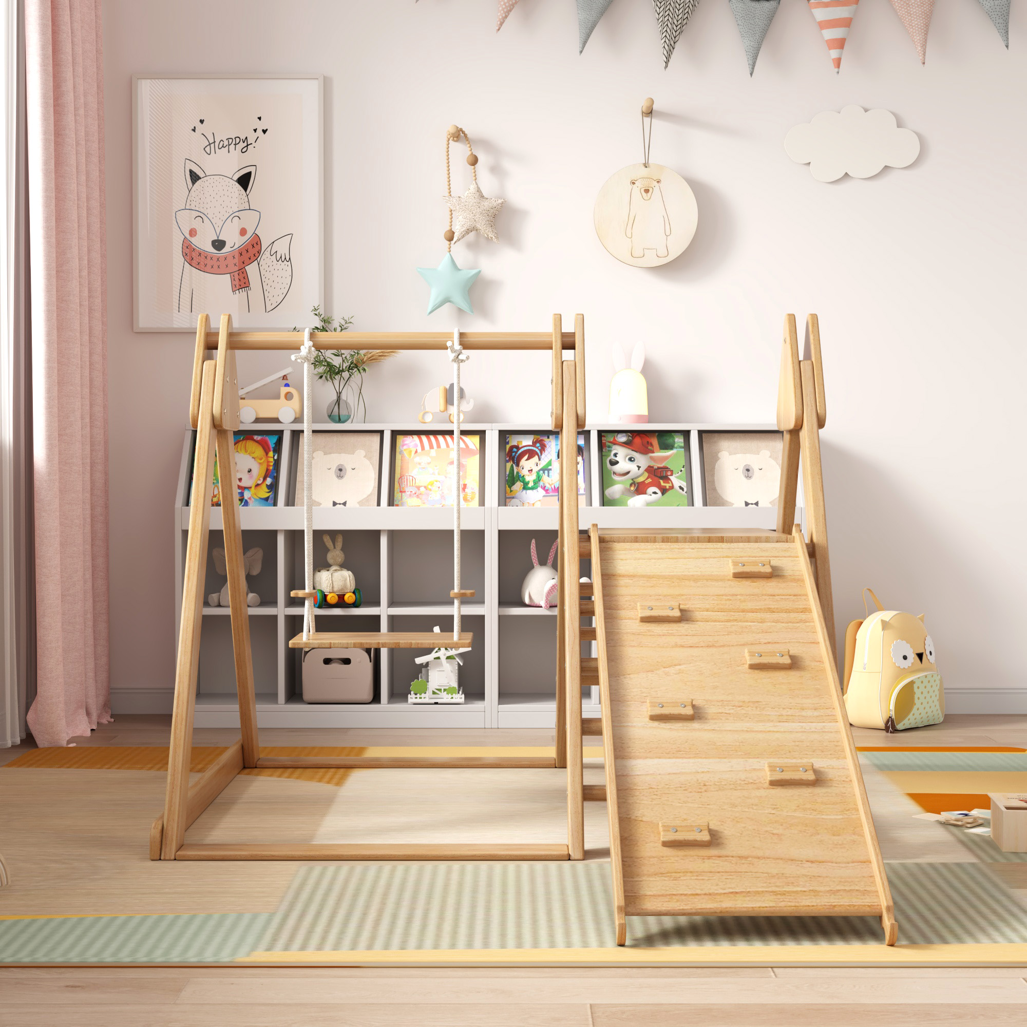 Slide and swing for children, wooden toys for children Made of solid pine, plywood 3 in 1 children's toy with climbing scaffold