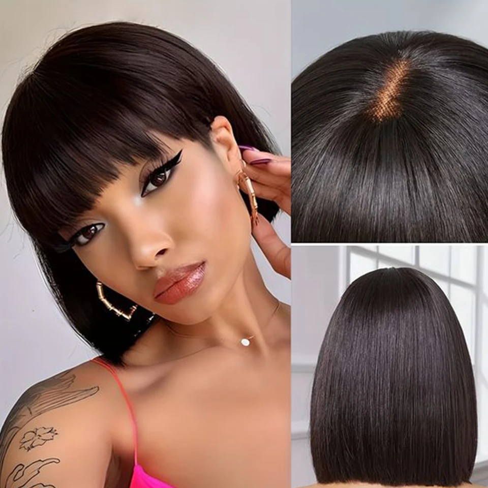 Brasileiro em linha reta bob perucas de renda sem cola em linha reta perucas de cabelo humano com franja parte média bob perucas de renda couro cabeludo realista