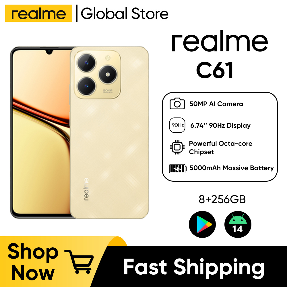 Realme C61 6,74 ''90Hz pantalla Android14 Smartphone 50MP AI cámara 5000mAh IP54 impermeable AI motor 15W carga SUPERVOOC