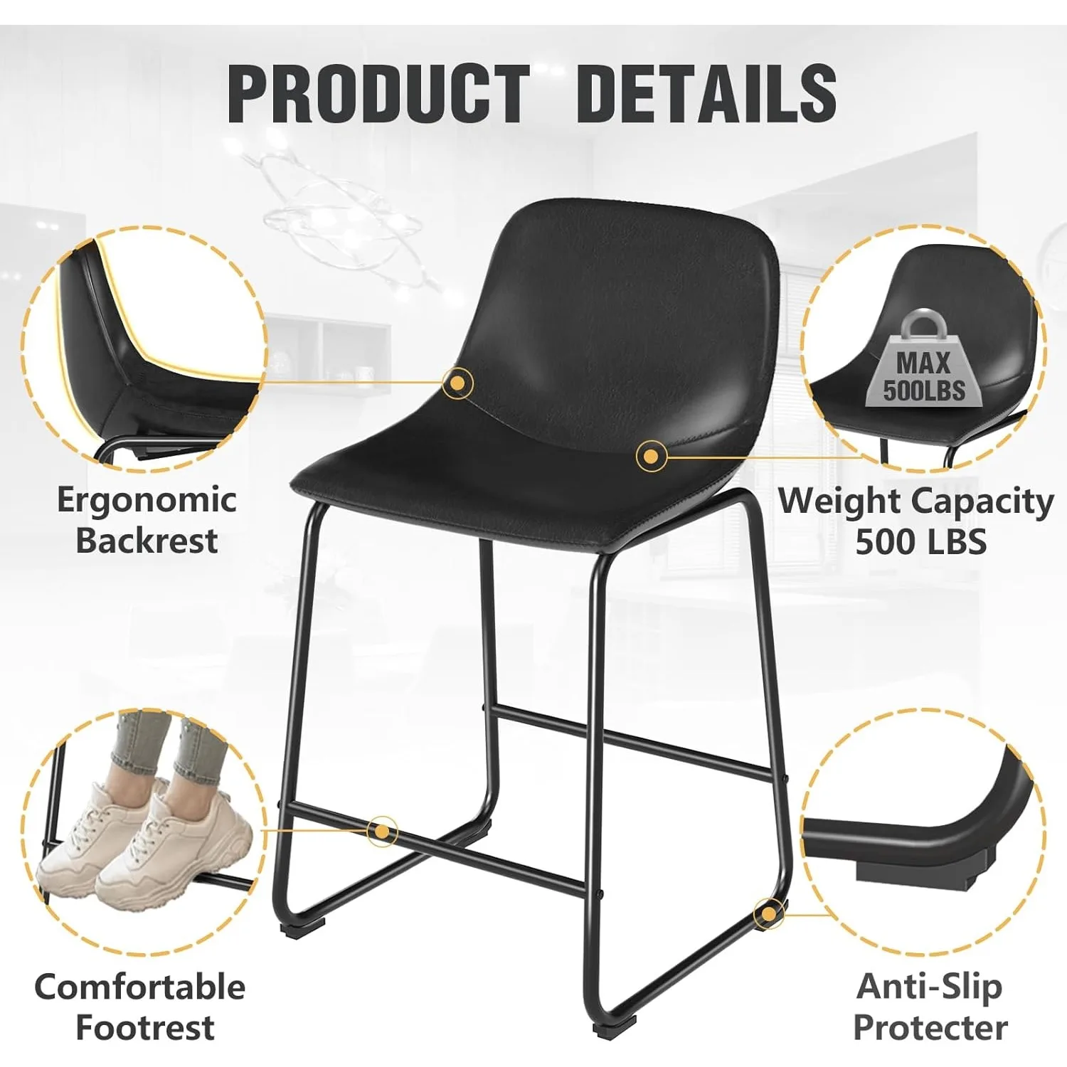 Dining Chairs Set of 2, Armless Counter Height Stools with Back Hold up to 500 lbs for Home, Kitchen, Dining Room, Black