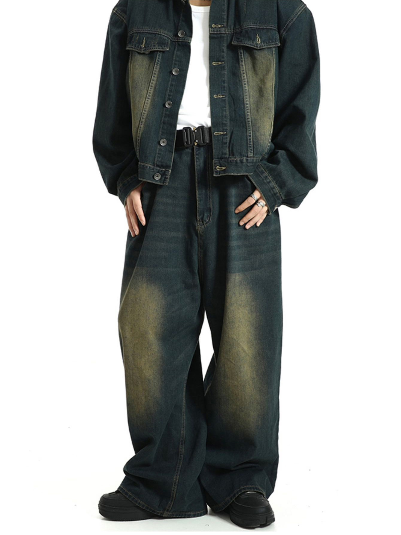 REDDACHiC, pantalones vaqueros holgados de talla grande con lavado verde para hombre, pantalones anchos informales Retro Y2k con ajuste de cintura, ropa de calle de patinadora de gran tamaño