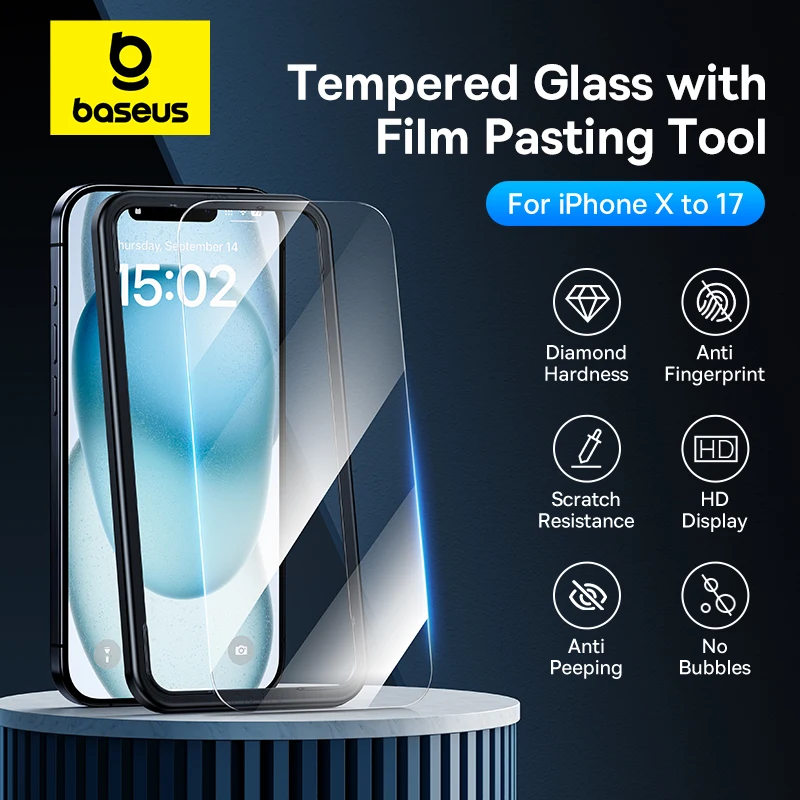 Baseus vidrio templado para iPhone 17 16 Pro Max Protector de pantalla para iPhone 15 14 13 12 11 Pro Max película antiespionaje de borde transparente