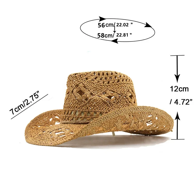 Sombrero de vaquero occidental de paja para mujeres y hombres, clásico, Vintage, calado, Unisex, ala ancha rizada, sombrero para el sol, sombrero de pesca, gorra de escalada