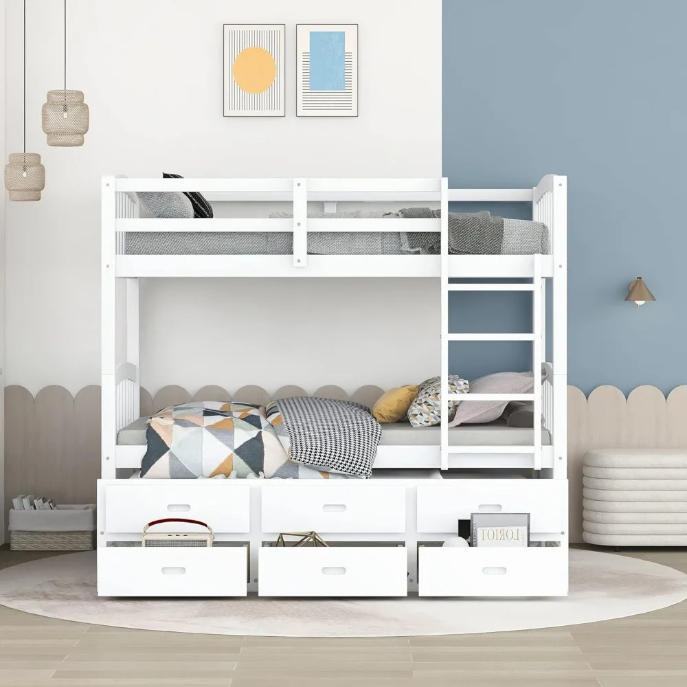 Twin Over Twin Bunk Bed with Twin Trundle, 3 Storage Drawers, Safety Rail, and Removable Ladder, Can be Separated into 3 Bed